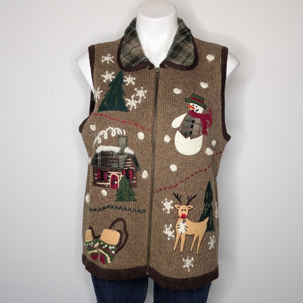 Vintage OHI Brown Zip Up Winter Holiday Christmas Sweater Vest L
